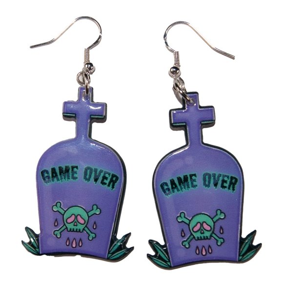 3/$25 Game‎ Over Tombstone Goth Resin Earrings Hypoallergenic Nickel Free 925 - Picture 1 of 3